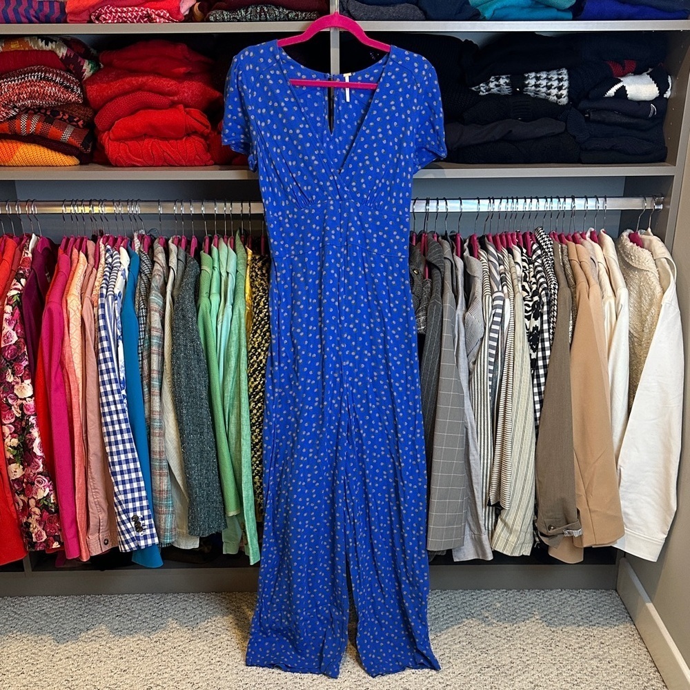 Free People blue/pink floral v neck back button keyhole jumpsuit size S NWOT